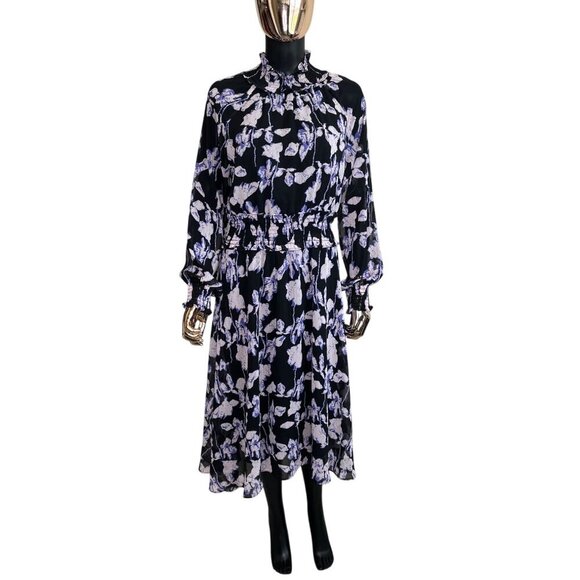 O.P.T Anthropologie Black Purple Floral Smocked Midi Dress Long Sleeve M - Picture 2 of 10